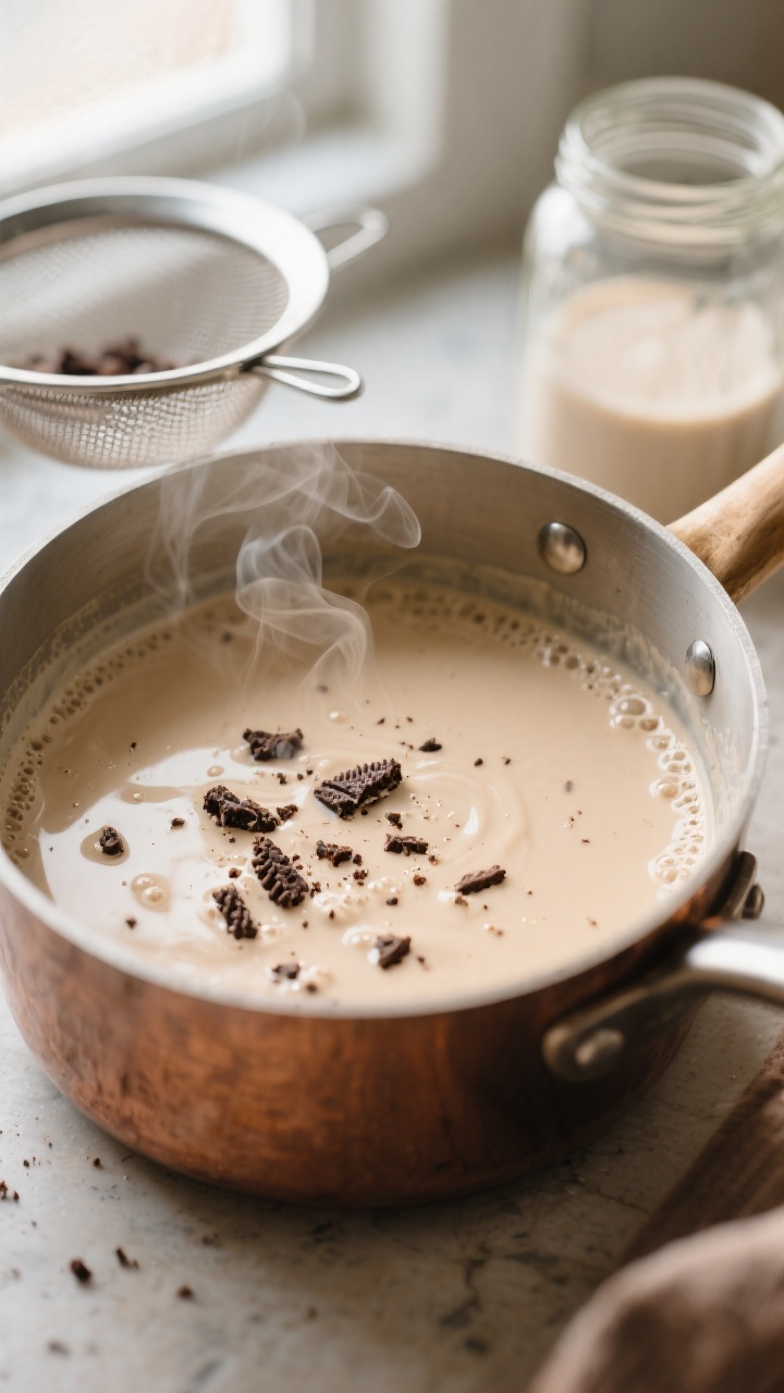 Close-up detail: A warm saucepan of freshly made cookies-and-cream coffee creamer just off the heat,