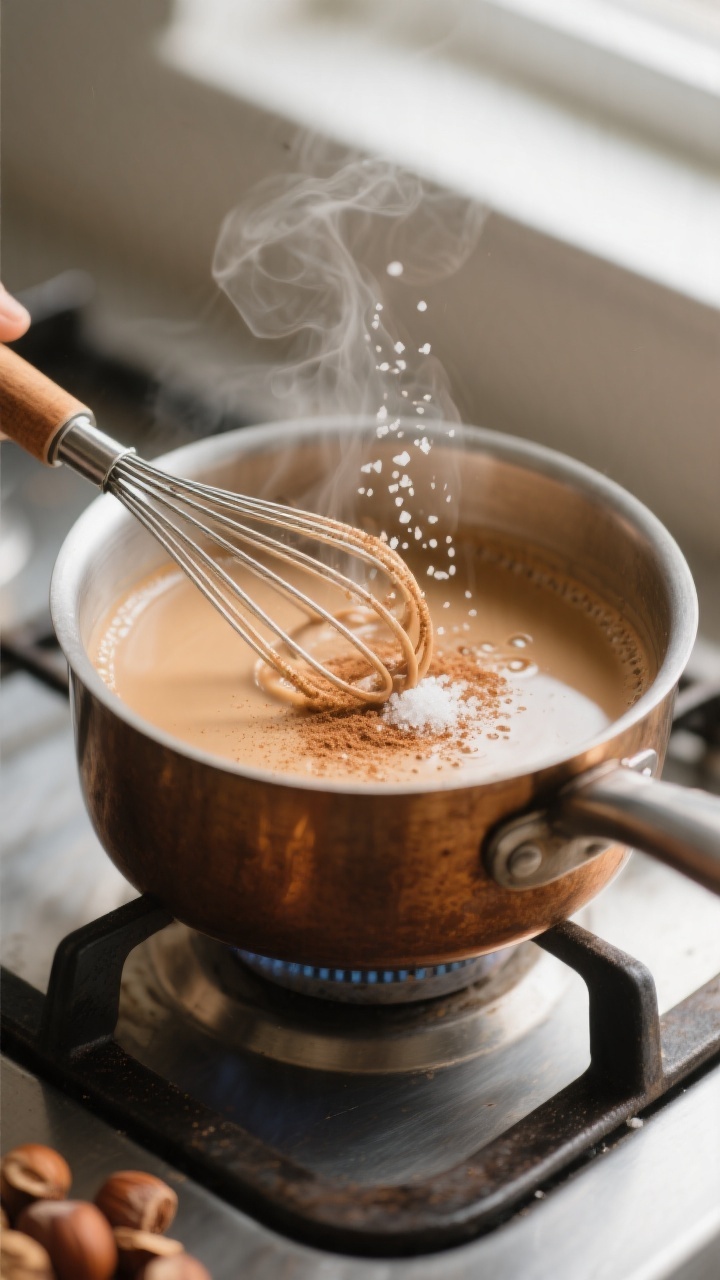 Close-up detail: A warm saucepan of freshly made hazelnut coffee creamer being gently stirred with a
