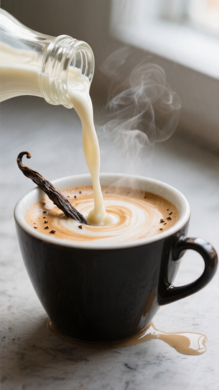 Close-up detail: A warm stream of silky French Vanilla Creamer being poured from a glass bottle into