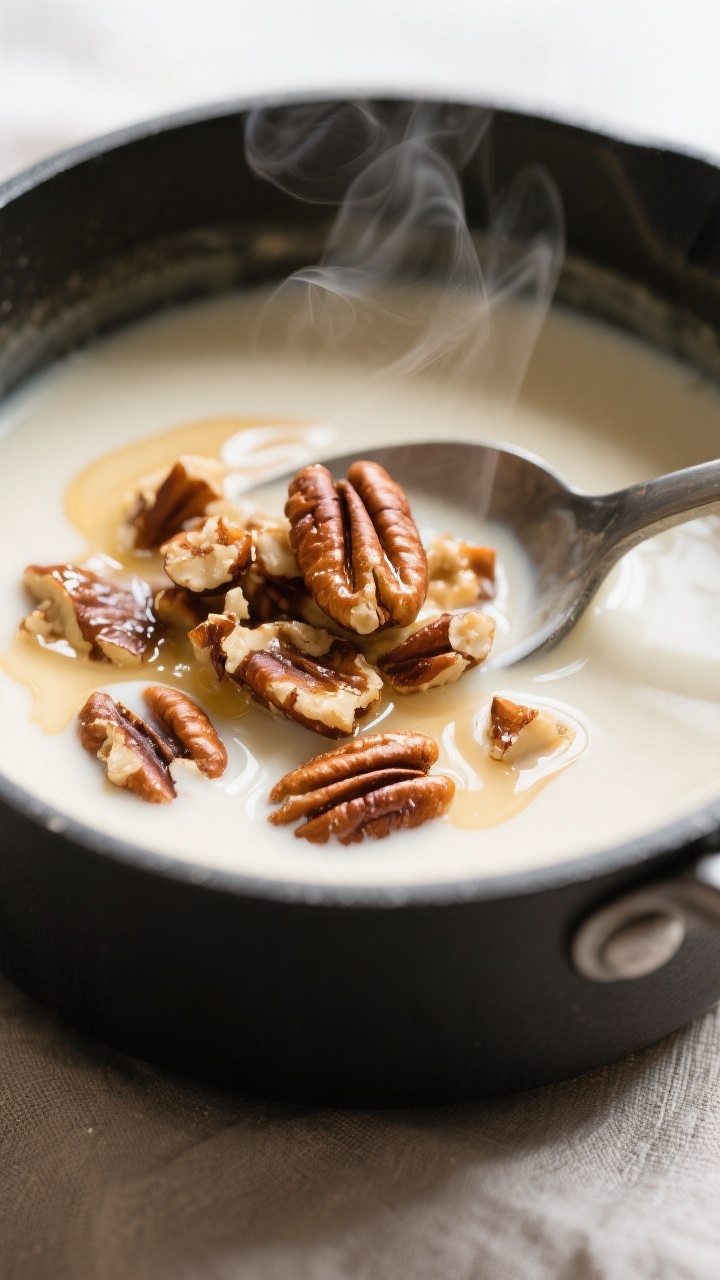 Close-up detail: Buttered, freshly toasted chopped pecans glistening as they’re stirred into warm 