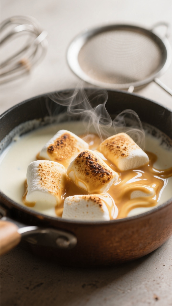 Close-up detail: Deep-golden toasted marshmallows just melted into steaming dairy in a small saucepa