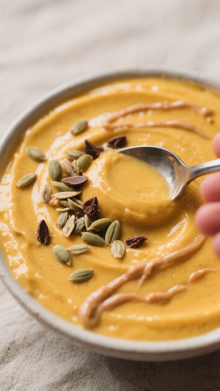 Close-up detail of the smoothie bowl surface as a spoon glides through glossy, ultra-thick mango ble