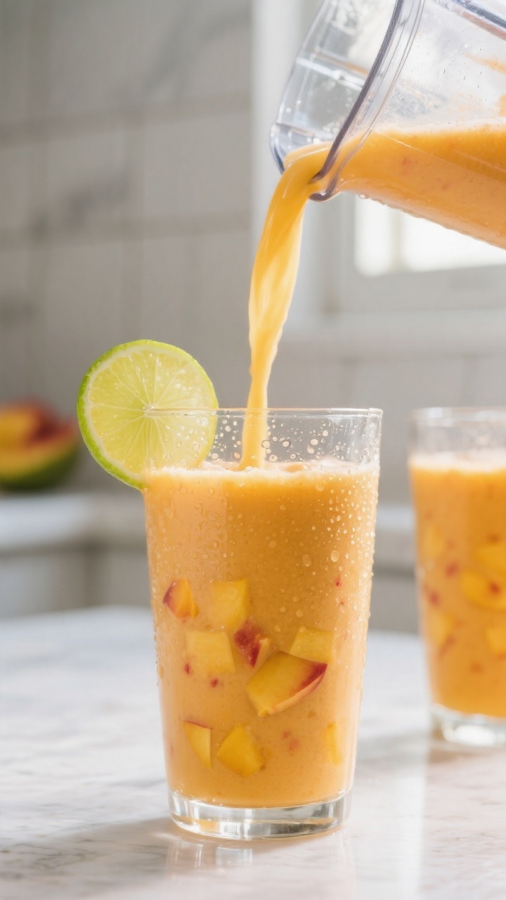 Close-up detail shot: freshly blended peach–mango smoothie being poured in a silky ribbon from a b