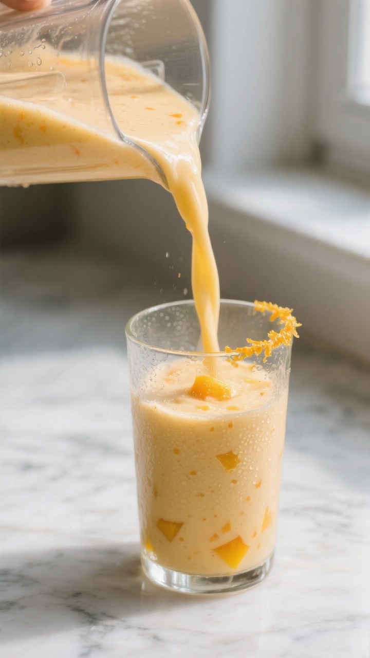 Close-up detail shot: Mango smoothie pouring in a silky ribbon from blender jar into a chilled clear