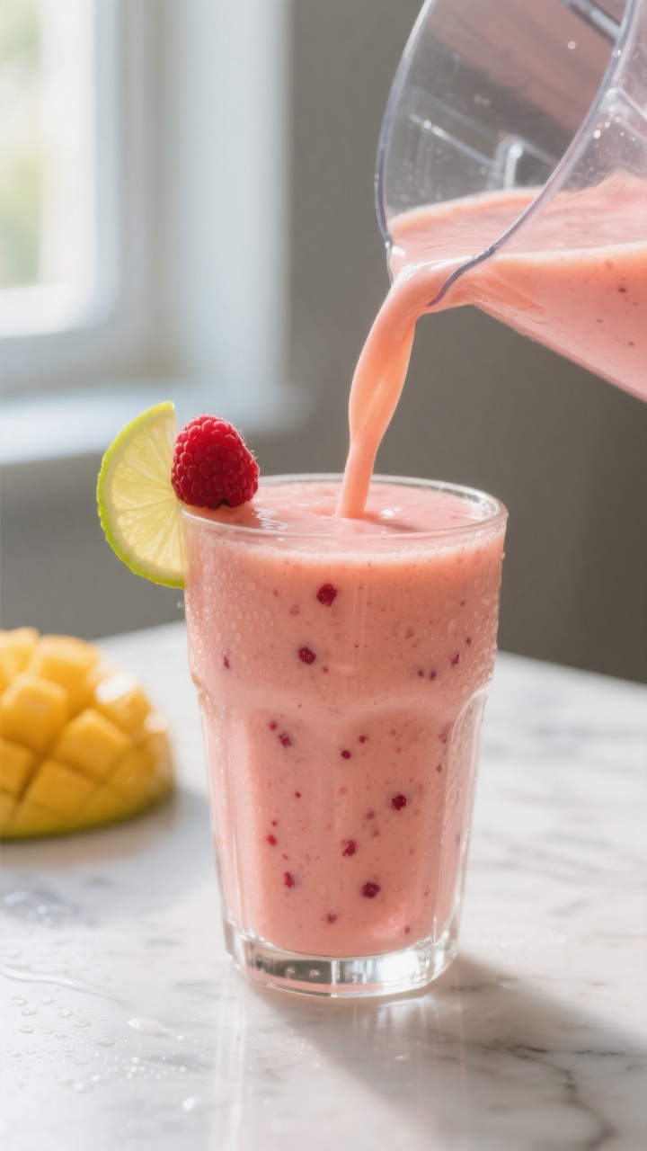 Close-up detail shot of a freshly blended Mango Raspberry Smoothie being poured in a silky ribbon fr