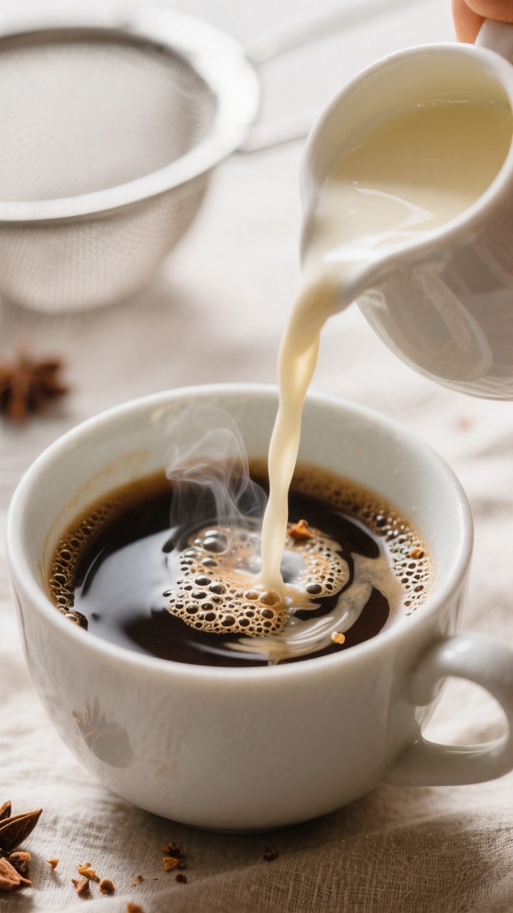 Close-up detail shot of freshly strained eggnog creamer pouring in a silky ribbon from a small pitch