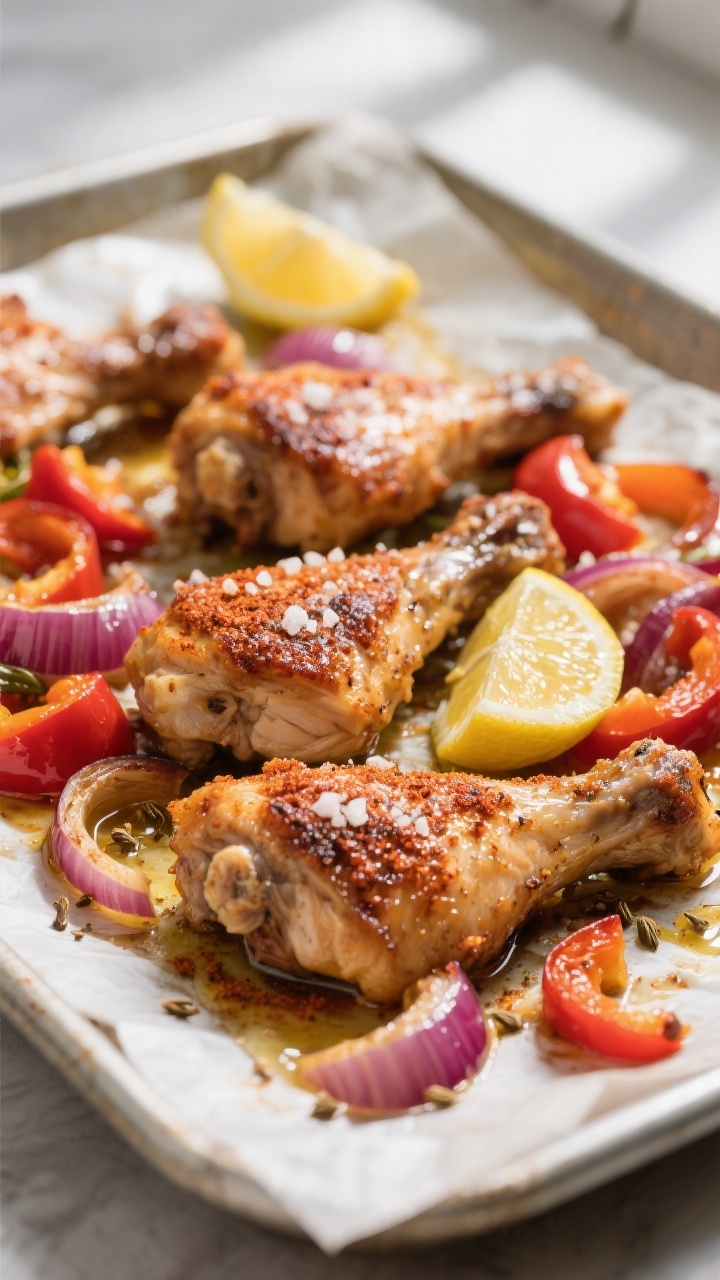 Close-up detail shot of roasted chicken thigh strips with caramelized bell peppers and red onions on