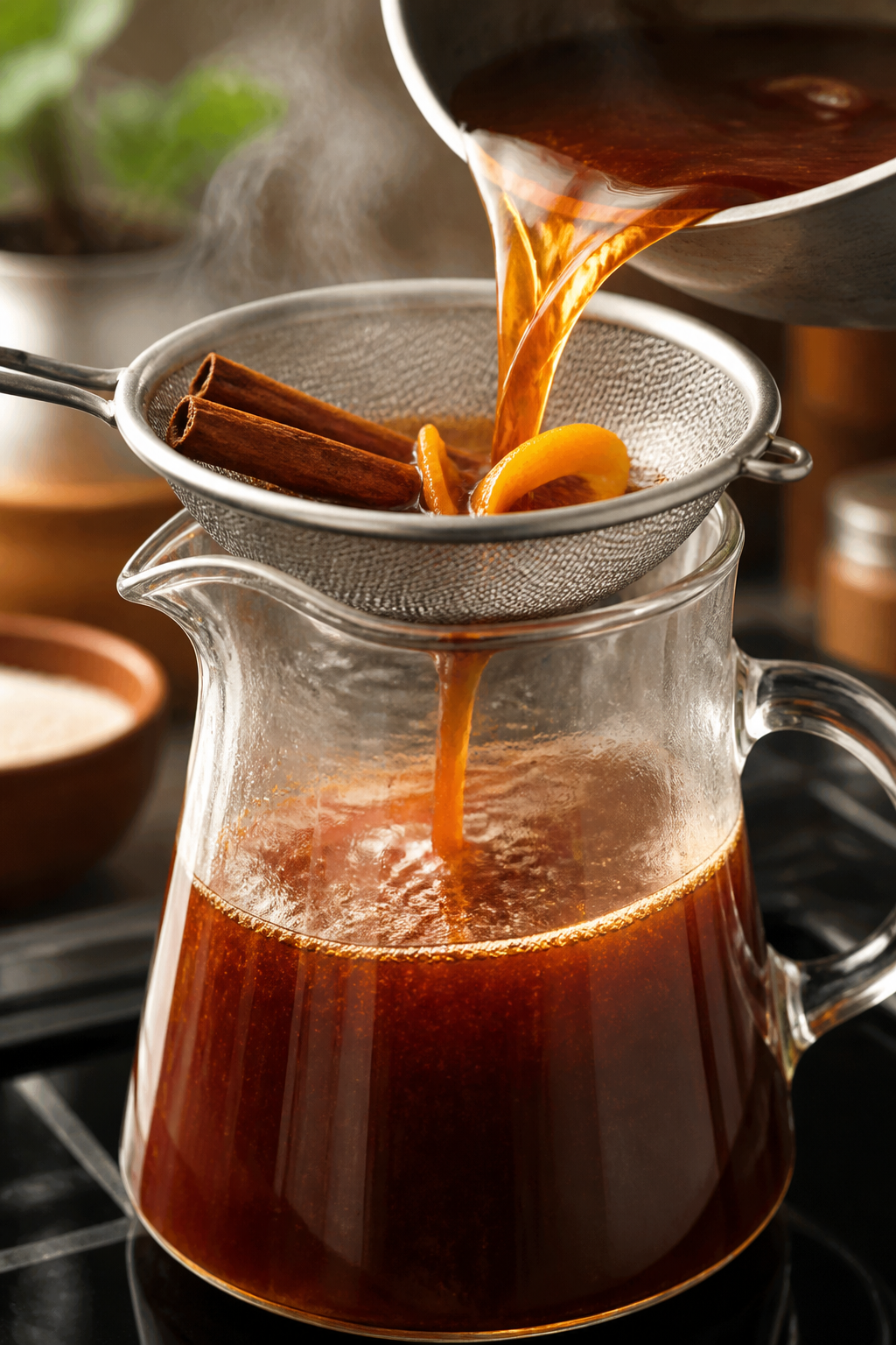 Close-up detail shot of steaming café de olla being poured through a fine-mesh sieve into a heatpro