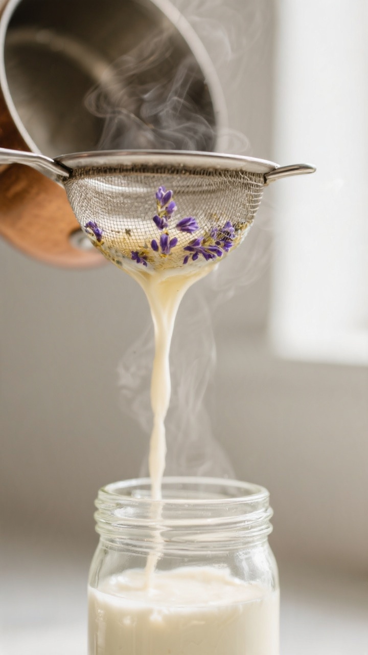 Close-up detail shot: Warm honey-lavender creamer being strained into a clear glass jar through a fi