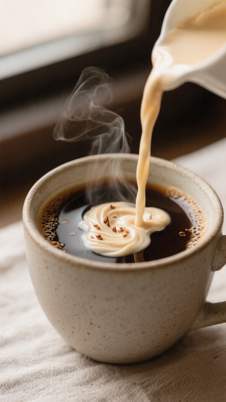 Close-up detail: Silky amaretto creamer being poured in a thin ribbon into a steaming mug of dark co