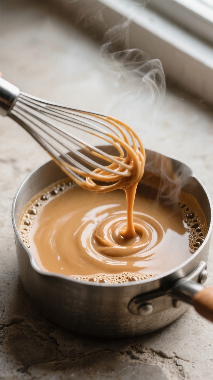 Close-up detail: Silky caramel macchiato creamer being whisked into a warm, steamy dairy base in a s