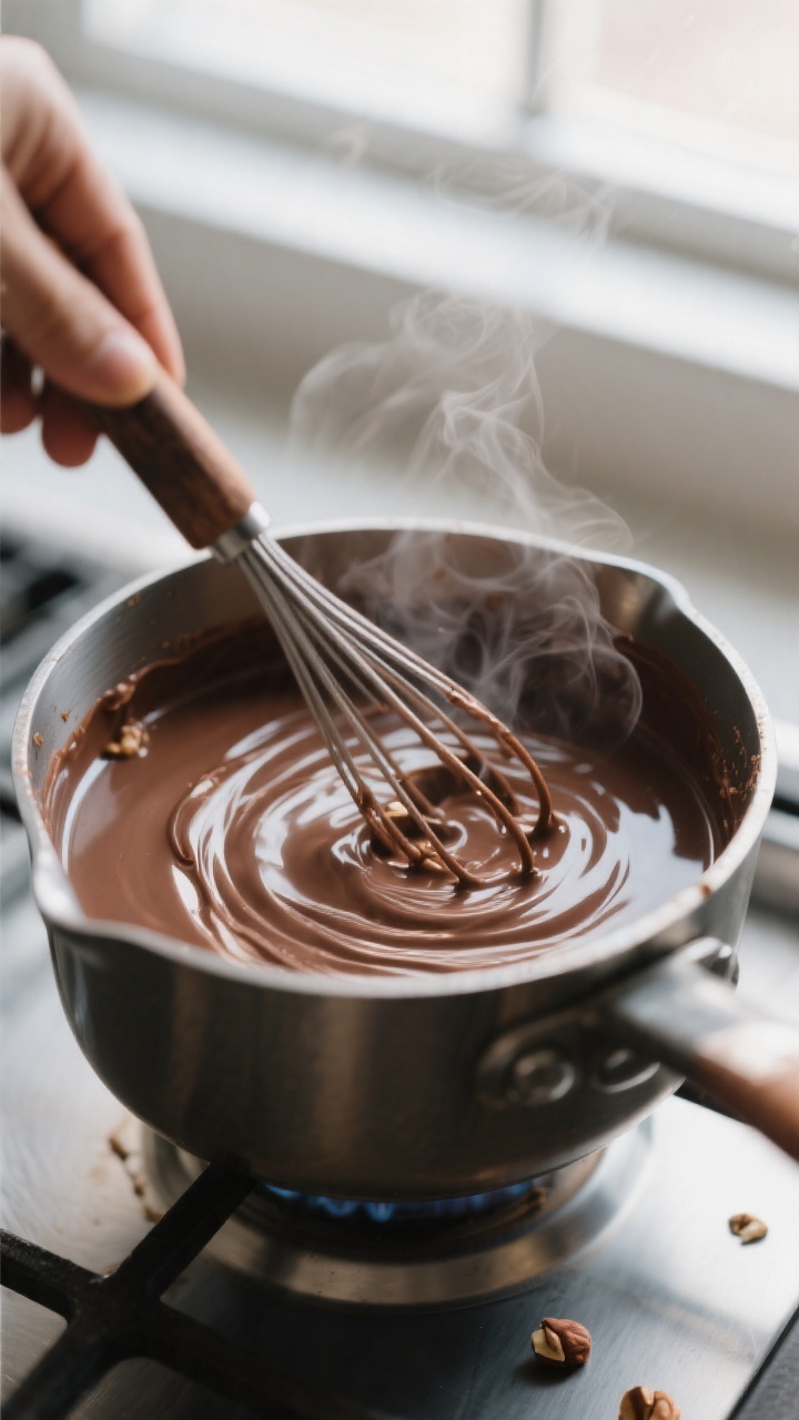 Close-up detail: Silky chocolate hazelnut coffee creamer being whisked in a small saucepan over low 