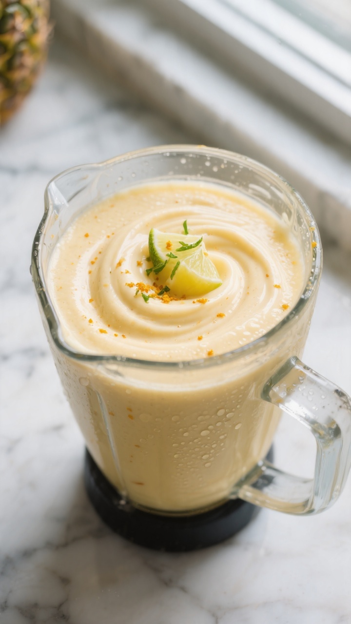 Close-up detail: Silky mango pineapple smoothie mid-blend in a high-speed blender, swirling ribbons 