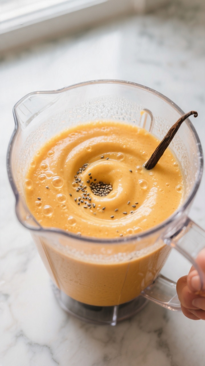 Close-up detail: Silky mango smoothie mid-blend in a high-speed blender jar, vortex swirling with ti
