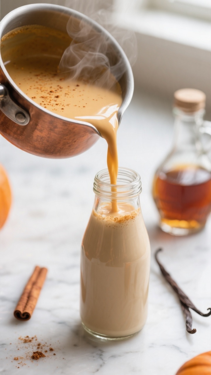 Close-up detail: Silky pumpkin spice creamer streaming from a small saucepan into a glass bottle, ca