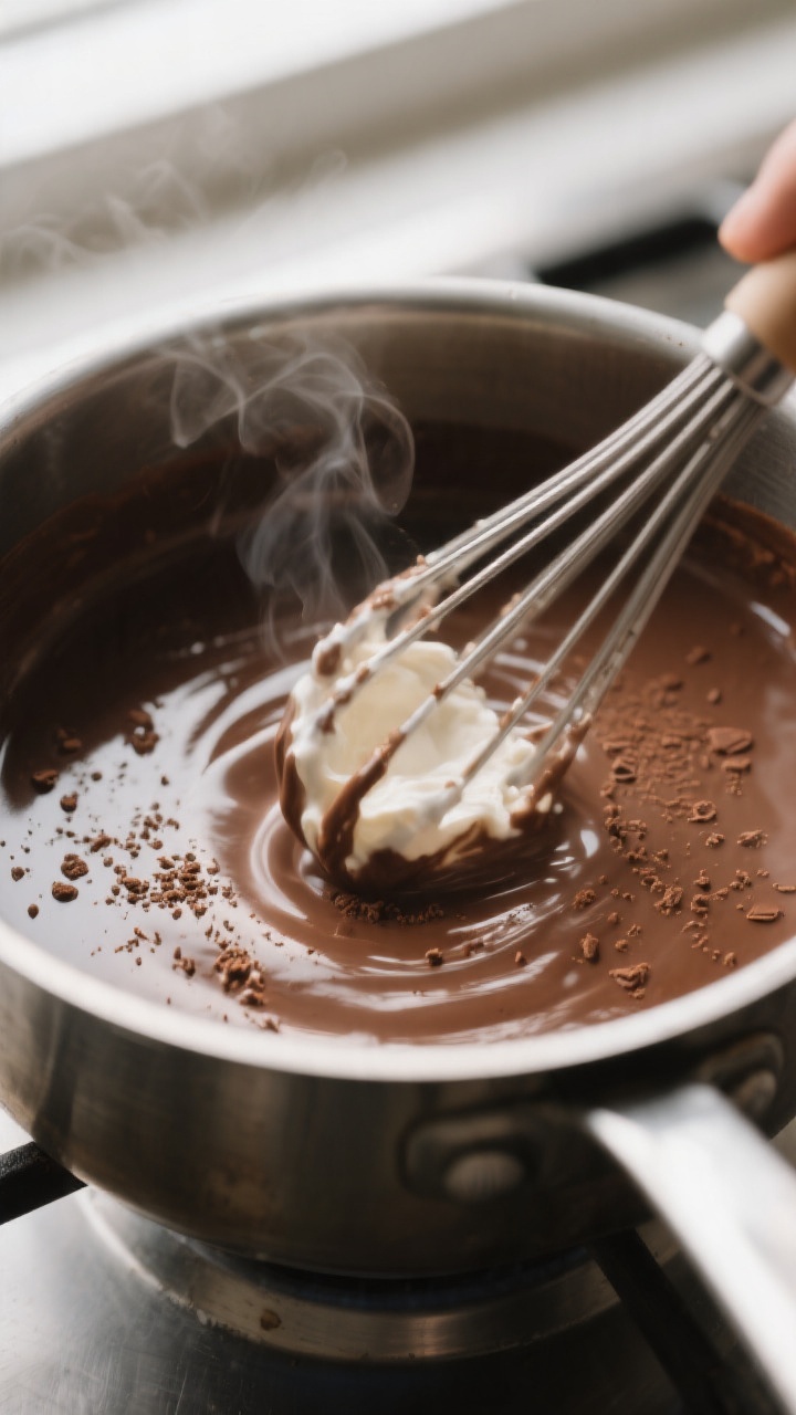 Close-up detail: Silky tiramisu coffee creamer being whisked in a saucepan just below a simmer, coco