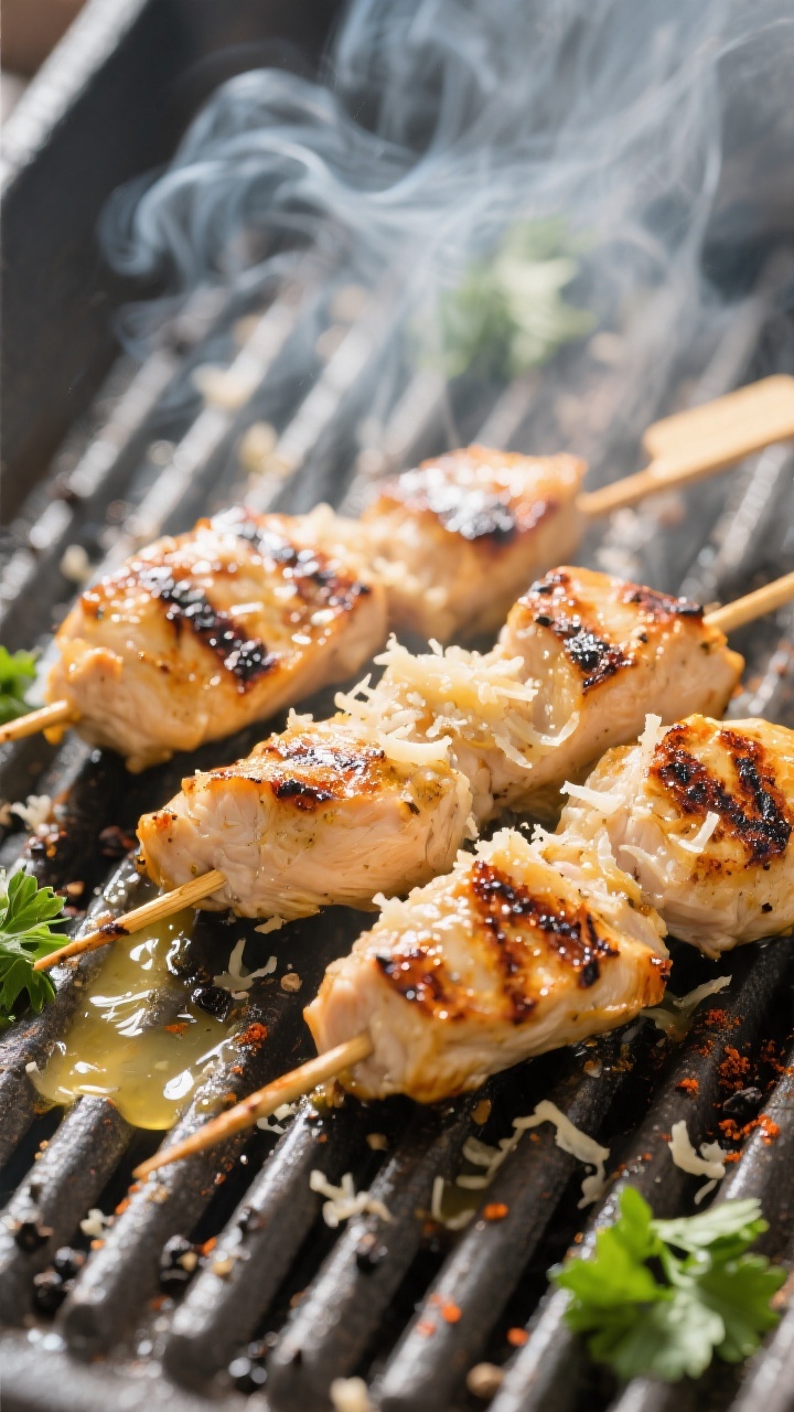 Close-up detail: Sizzling grilled ranch garlic Parmesan chicken skewers mid-cook over clean, oiled g