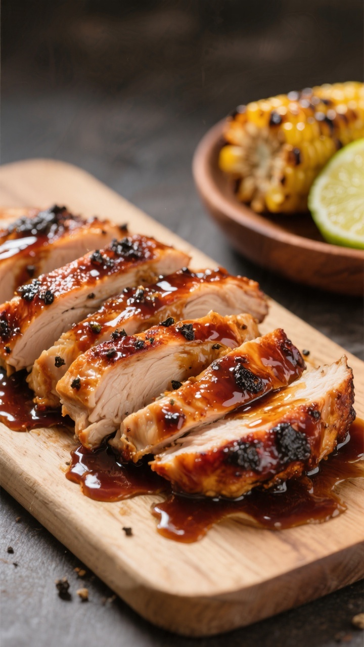 Close-up detail: Sliced BBQ chicken just tossed in glossy, smoky-sweet sauce, piled onto a wooden bo