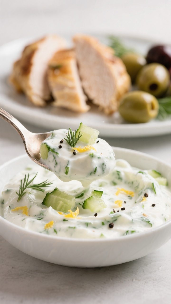 Close-up detail — Spoonful of tzatziki being dolloped onto a plated bowl: ultra-creamy Greek yogur