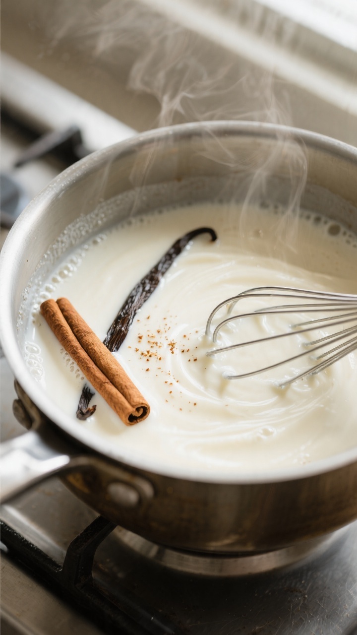 Close-up detail: Steaming saucepan of prepared cinnamon vanilla creamer just off the heat, silky off
