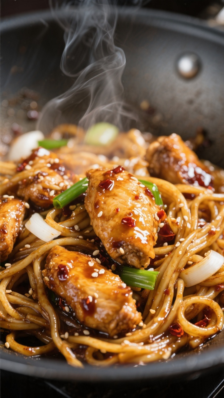 Close-up detail: Sticky garlic chicken tossed with glossy wheat noodles in a wok, sauce visibly clin