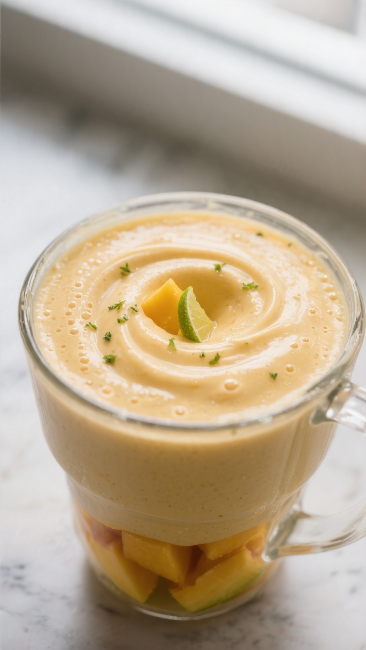 Close-up detail: Thick, creamy mango smoothie being blended to a silky swirl in a clear blender jar,