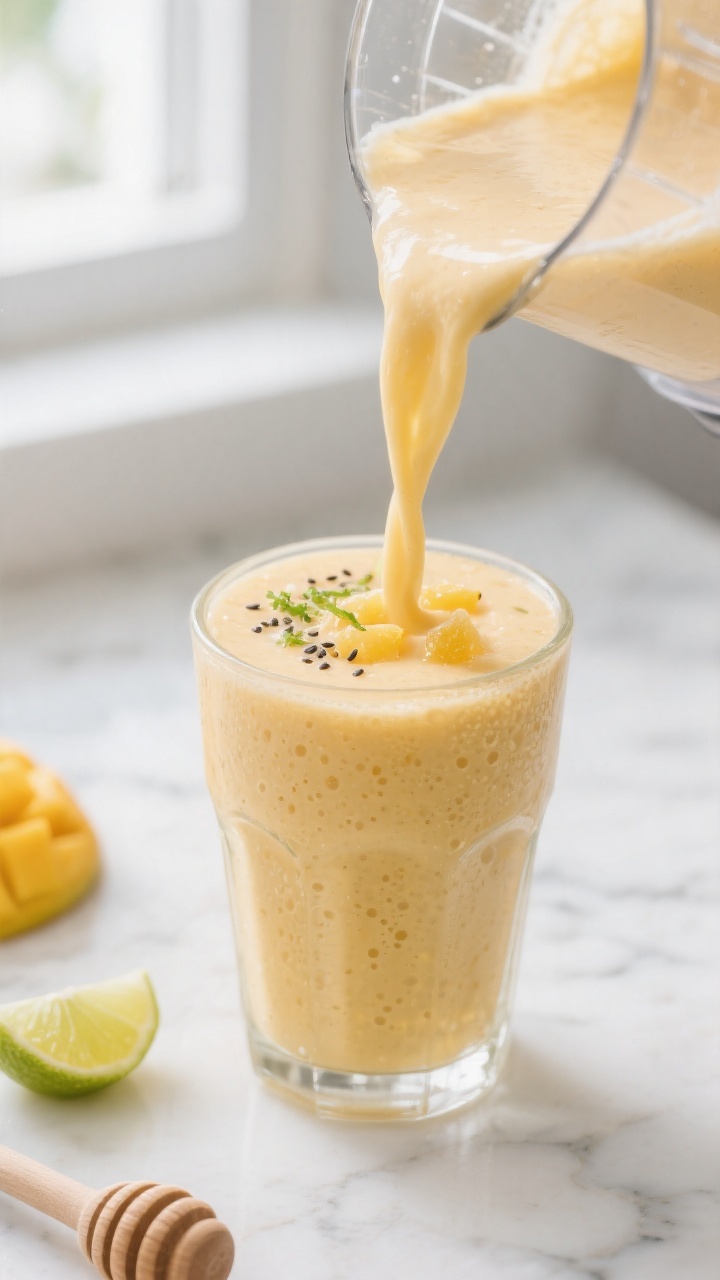Close-up detail: Thick, creamy mango yogurt smoothie being poured from a blender into a chilled clea