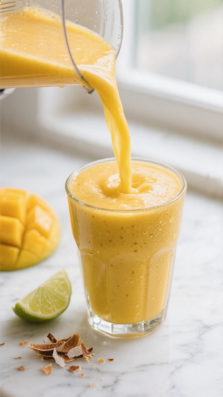 Close-up detail: Thick, velvety mango smoothie being poured from a blender into a chilled clear glas