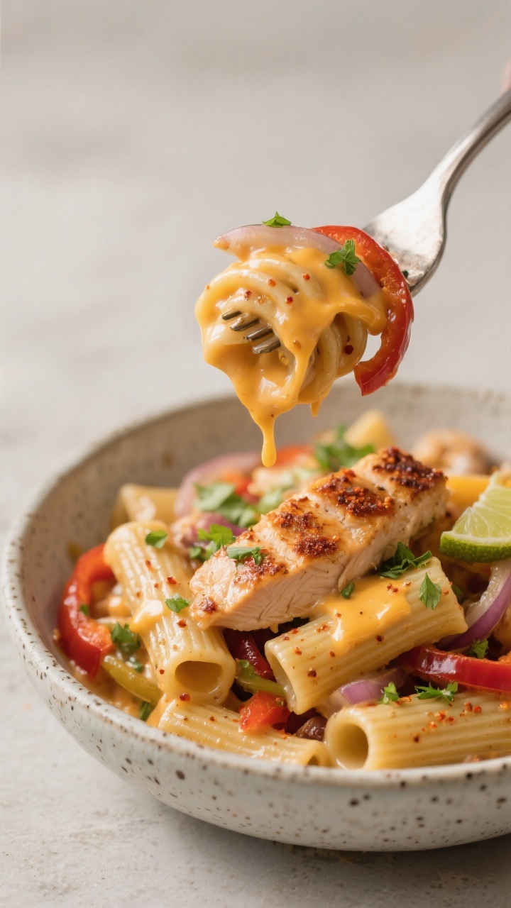 Close-up detail: Ultra-creamy chicken fajita pasta twirled on a fork hovering over a speckled cerami
