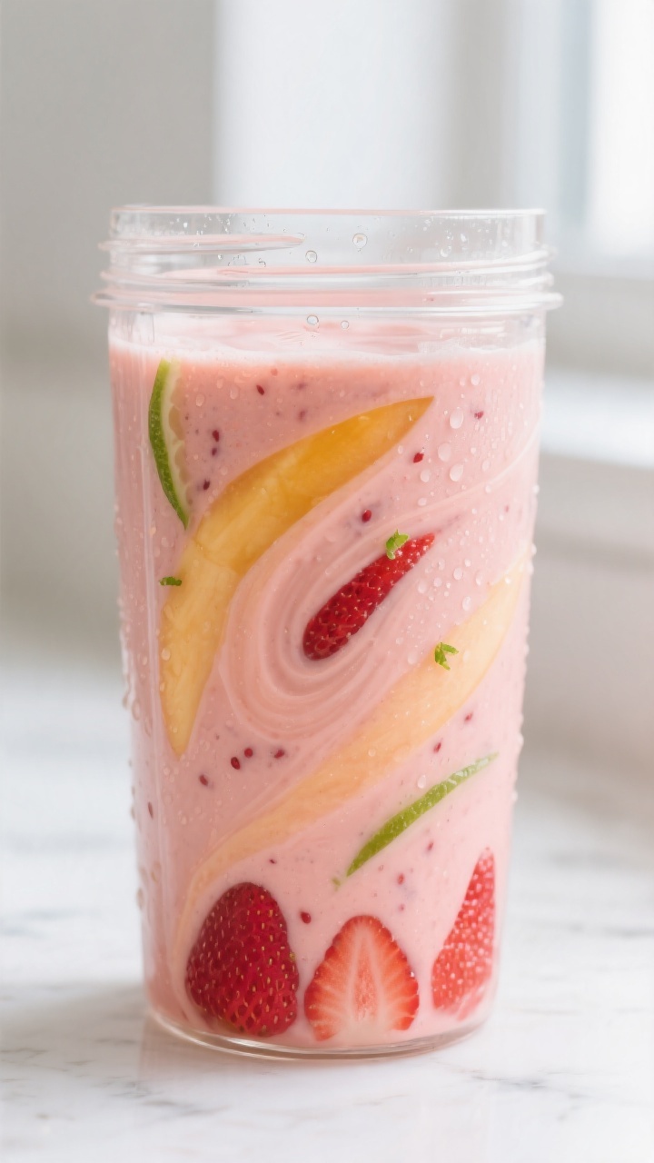 Close-up detail: Ultra-creamy strawberry mango smoothie mid-blend in a clear blender jar, swirling r