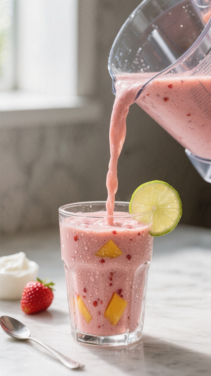 Close-up detail: Velvety strawberry–mango smoothie streaming from a blender spout into a chilled c