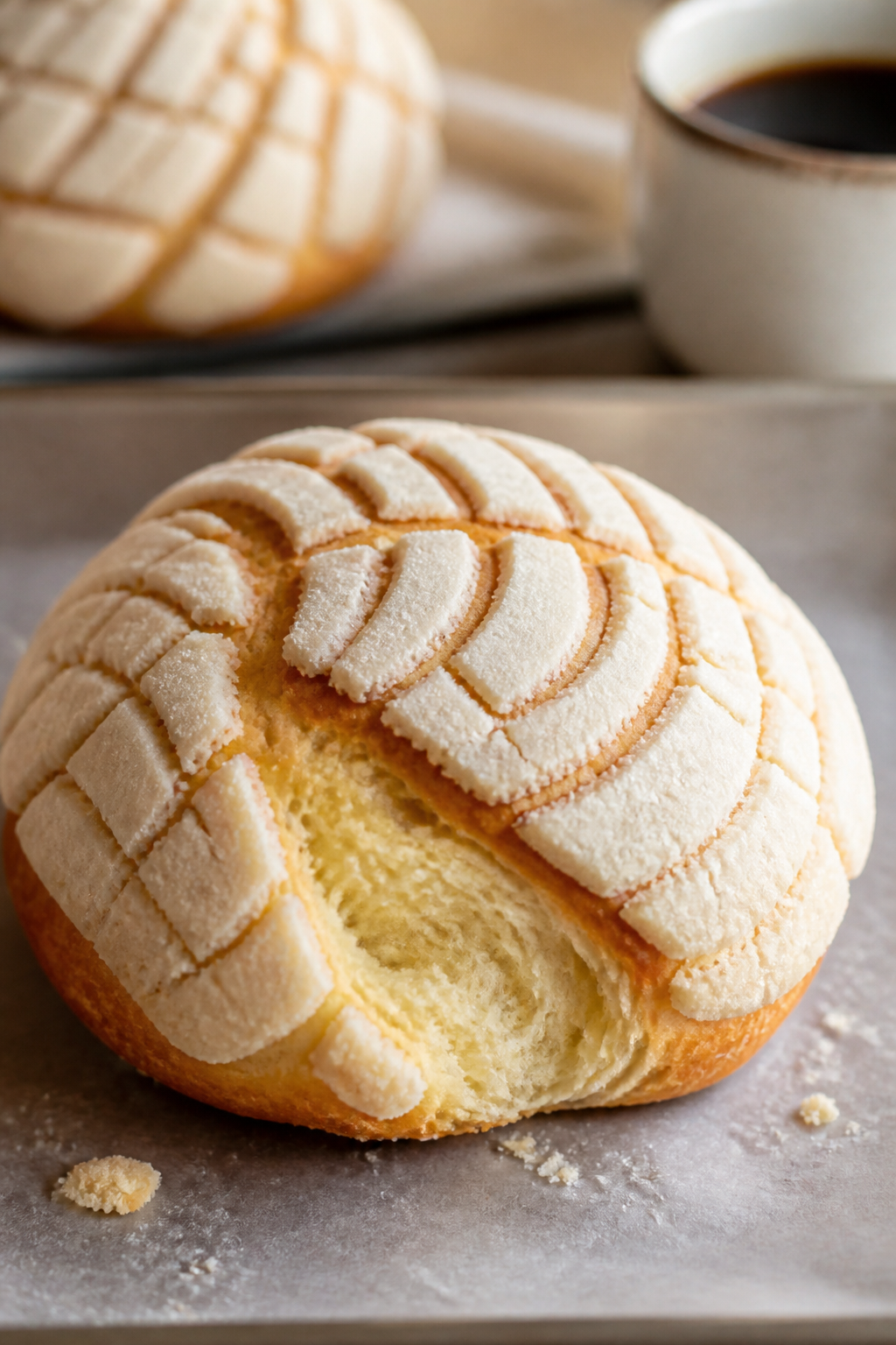 Close-up detail: Warm, freshly baked concha just out of the oven with its iconic scored sugar shell 