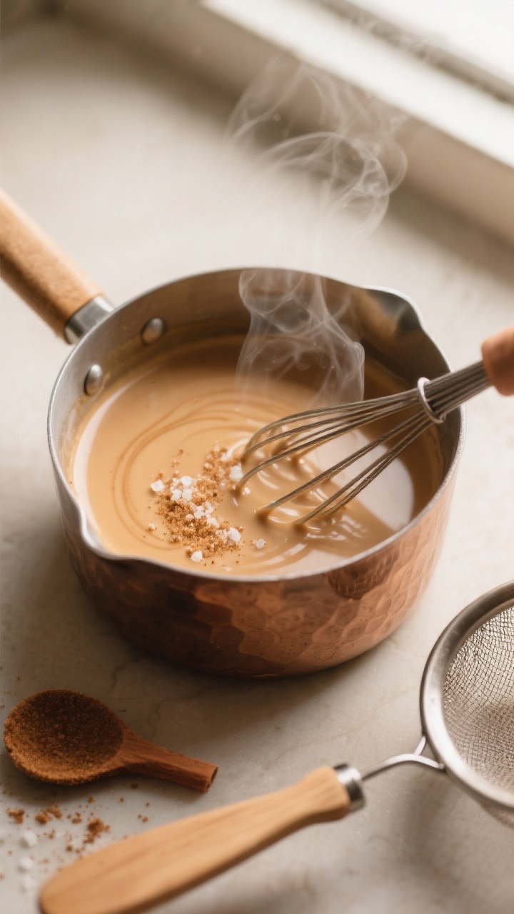 Close-up of silky snickerdoodle coffee creamer being whisked in a small saucepan during a gentle sim