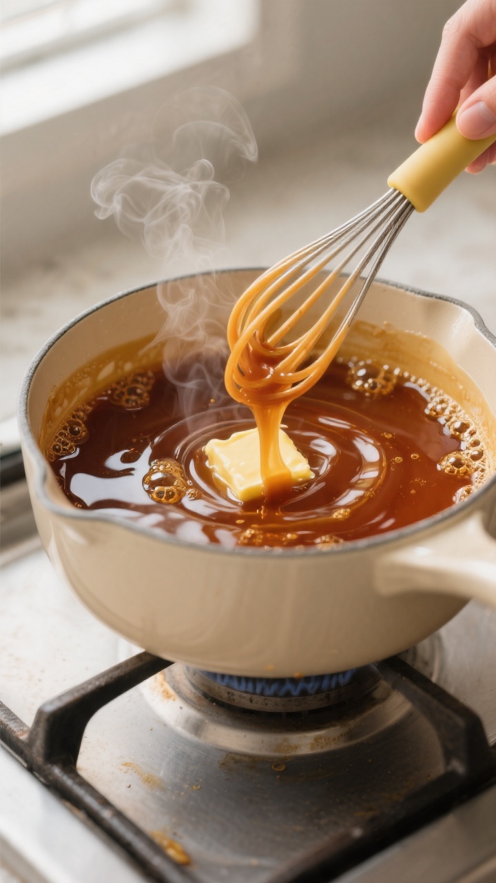 Close-up process shot: Deep amber caramel bubbling in a light-colored saucepan just after the butter