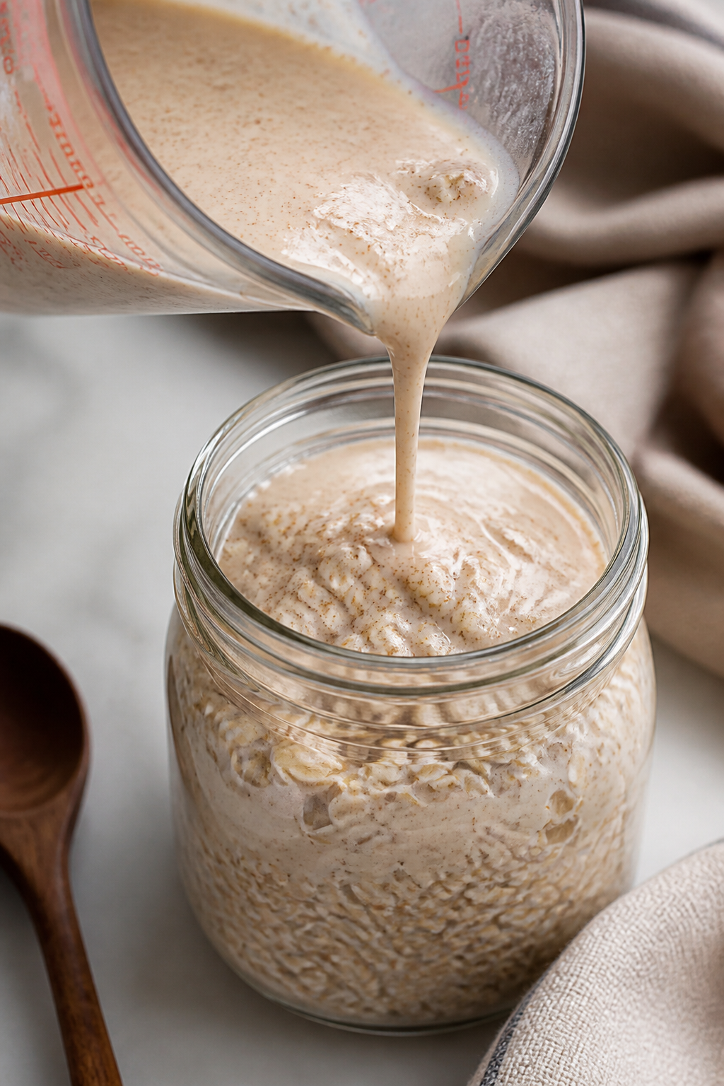 Cooking process, close-up: A glass measuring cup pouring a silky, cinnamon-speckled tres leches mixt