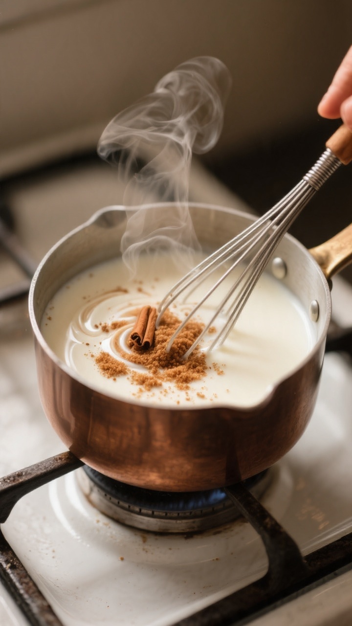 Cooking process close-up: A small saucepan of brown sugar cinnamon creamer gently steaming on the st