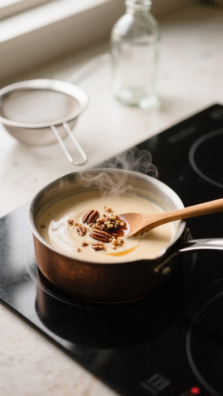 Cooking process close-up: A small saucepan of steaming maple pecan creamer base on a matte black ind