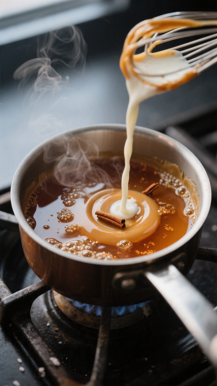 Cooking process close-up: A small saucepan on a stovetop with gently simmering apple cider reduced t