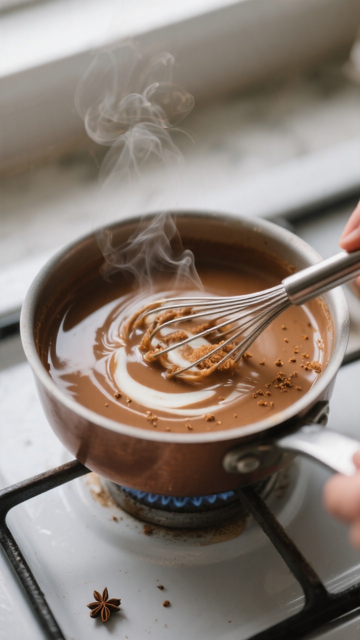 Cooking process close-up: A small saucepan over low heat with glossy gingerbread creamer just beginn