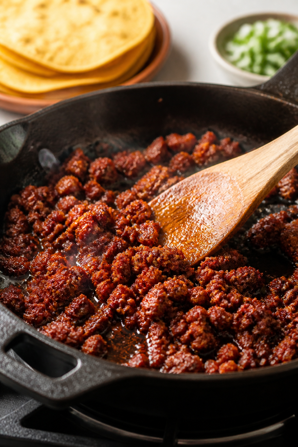 Cooking process close-up: Crumbled Mexican chorizo sizzling in a black skillet, deeply browned with