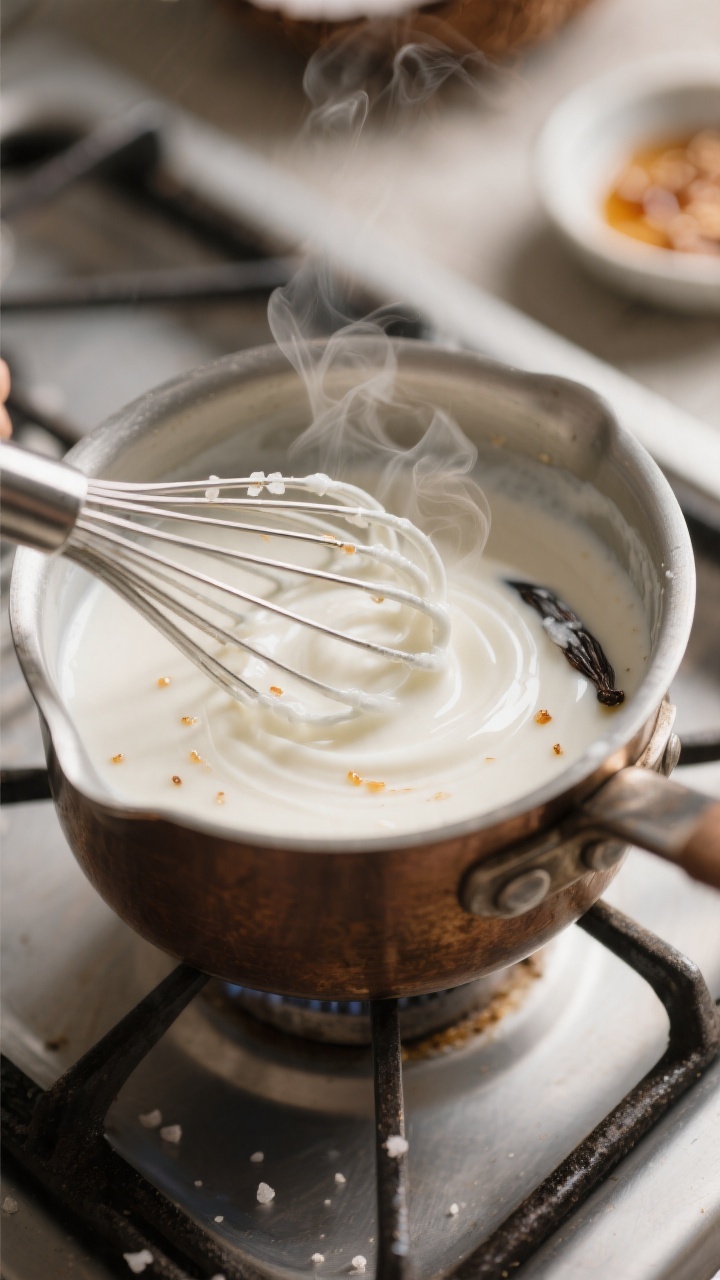 Cooking process, close-up detail: A small saucepan of silky coconut cream creamer being gently whisk