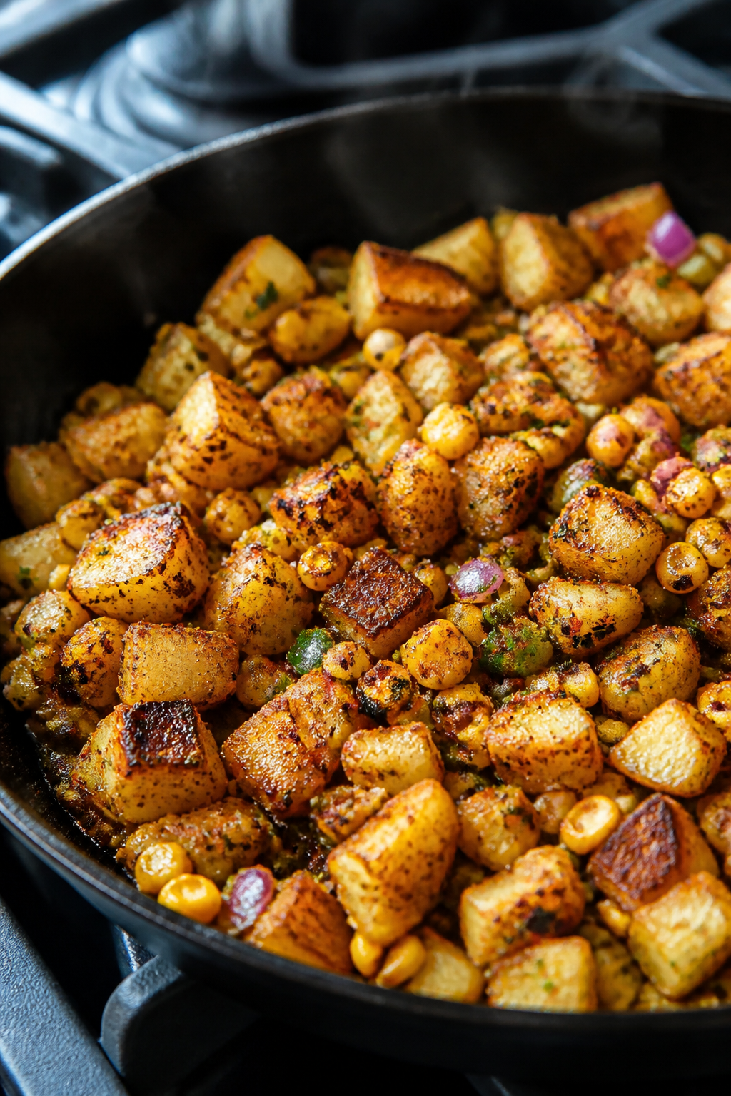 Cooking process, close-up detail: Golden, crisp-edged diced potatoes and charred corn sizzling toget