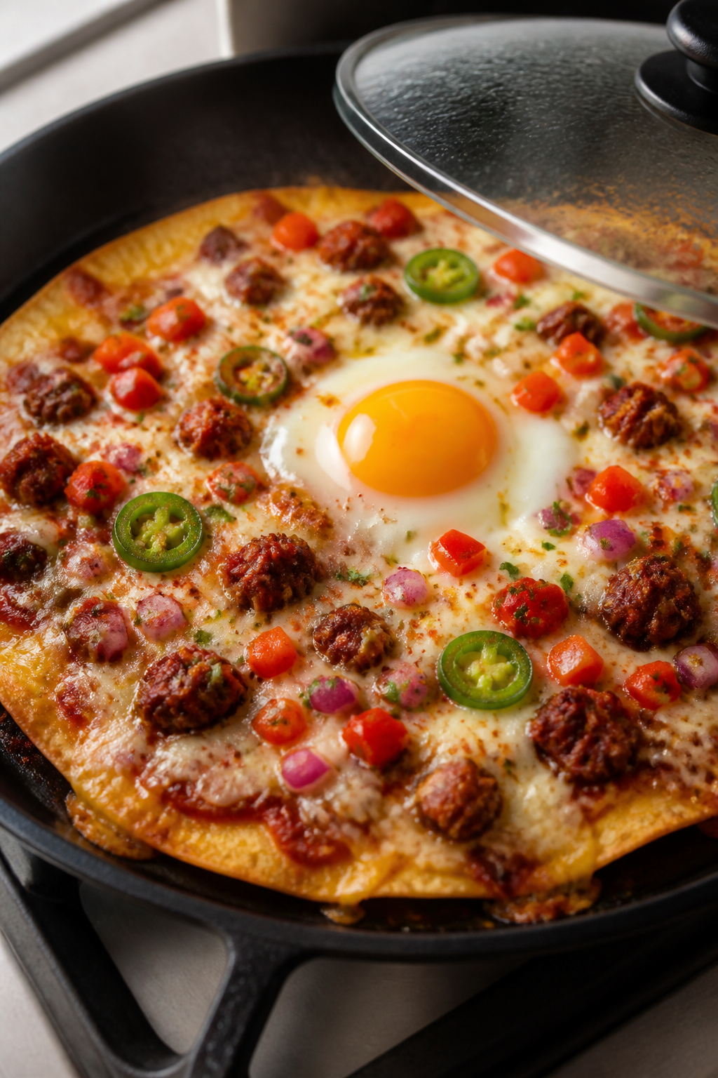 Cooking process, close-up detail: In-skillet Mexican breakfast tortilla pizza mid-cook, tortilla “