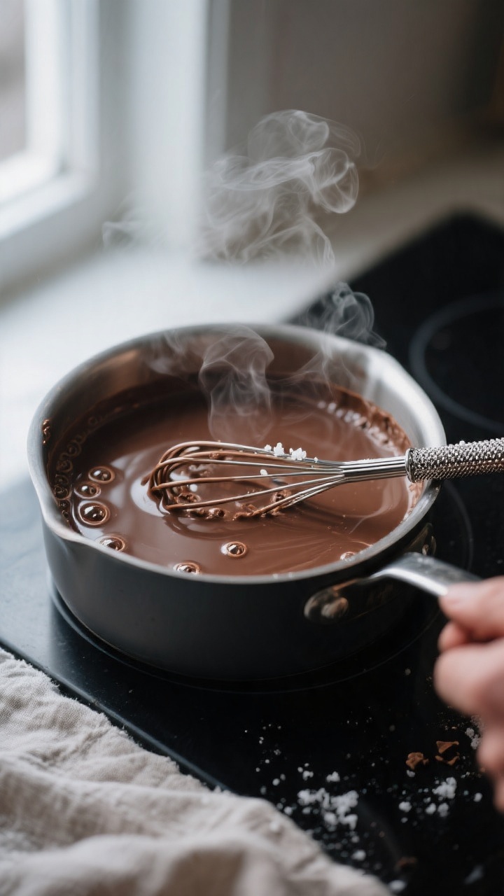 Cooking process, close-up detail: Steaming saucepan of peppermint mocha creamer mid-cook, cocoa full