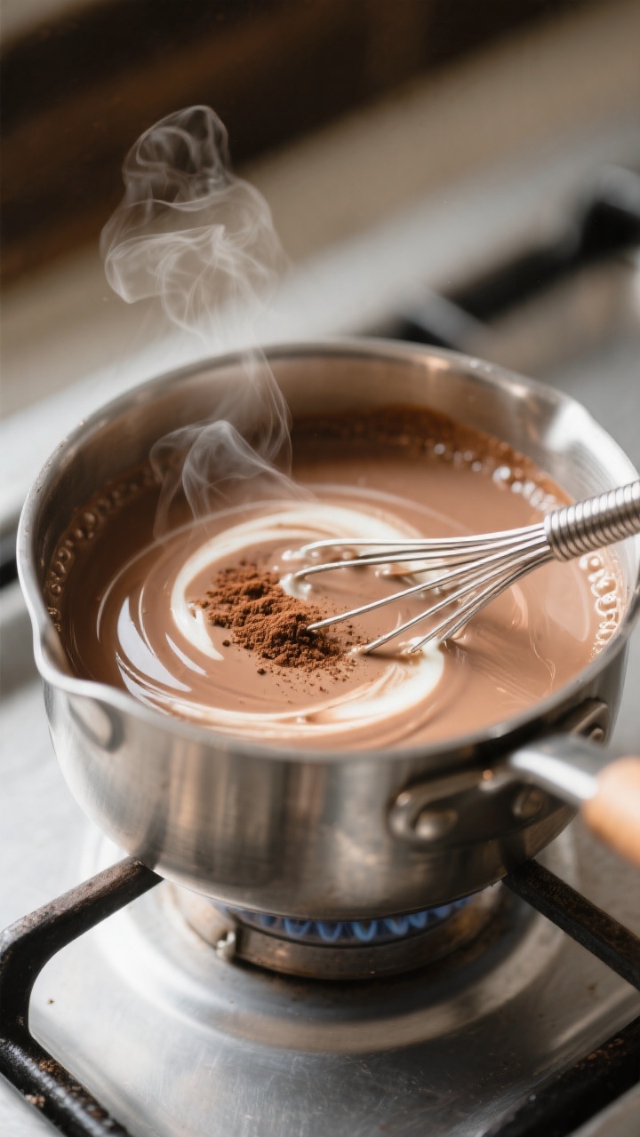 Cooking process, close-up detail: Warm Irish Cream Creamer base swirling in a small stainless saucep
