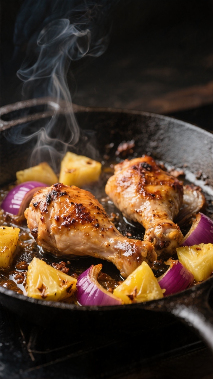 Cooking process close-up: Marinated chicken thigh pieces searing in a ripping-hot cast-iron skillet 