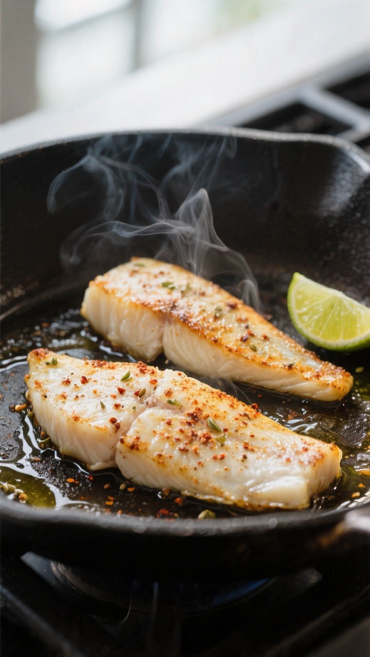 Cooking process close-up: Pan-seared white fish fillets in a hot skillet just after flipping, showin