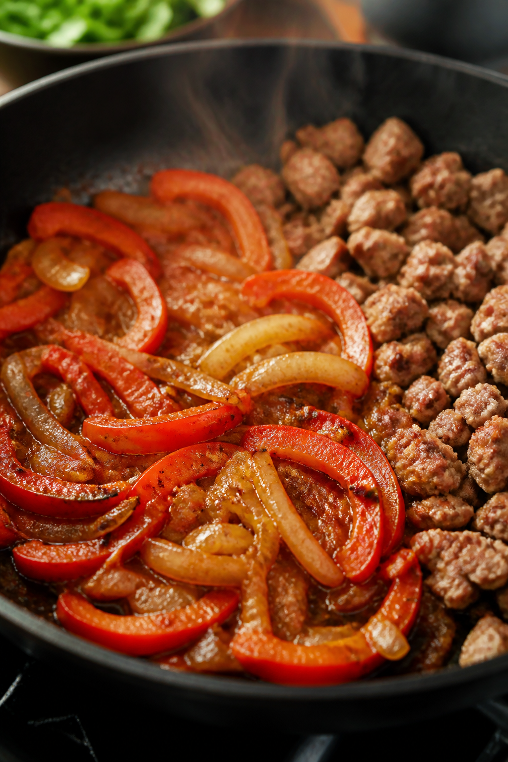 Cooking process close-up: Sautéed onion and red bell pepper softening in a skillet with minced garl