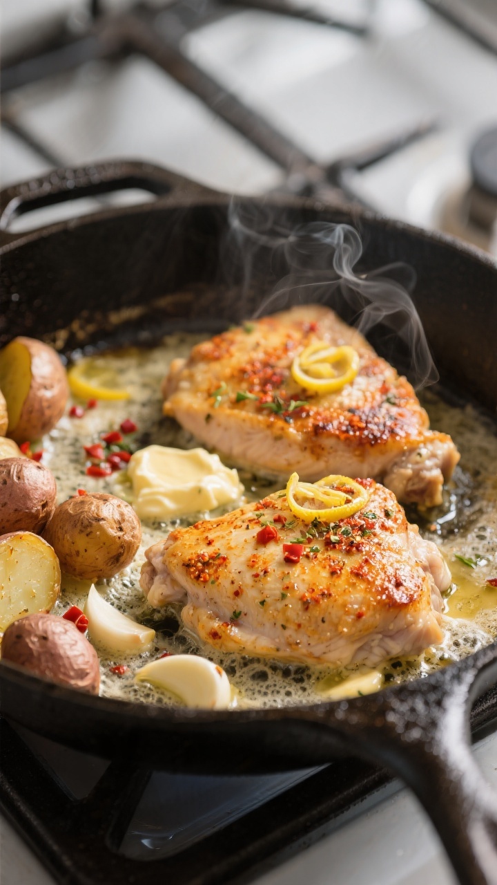 Cooking process, close-up: Searing boneless, skinless chicken thighs in a large oven-safe cast-iron 
