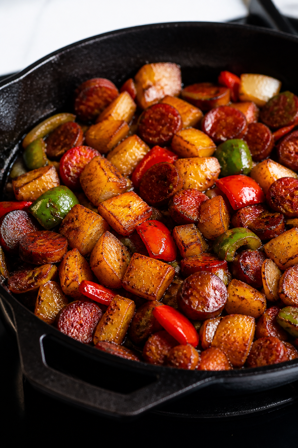 Cooking process, close-up: Sizzling chorizo breakfast skillet in a black cast-iron pan on the stovet